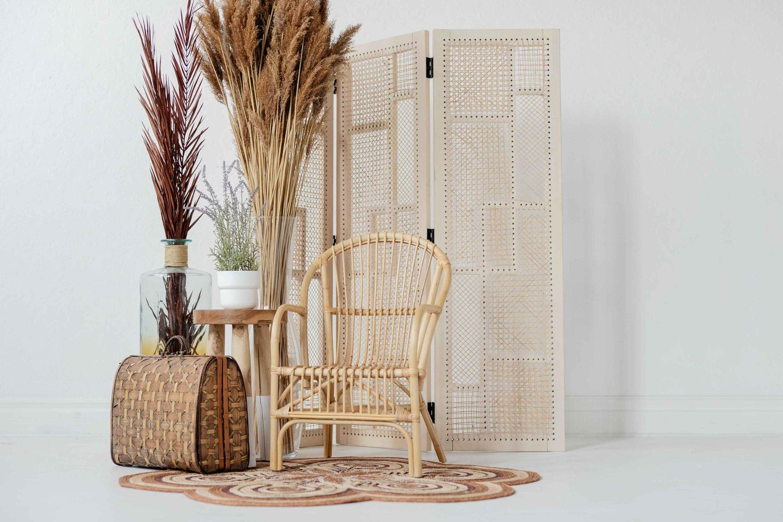 photography setup of chair, rugs, briefcase, and pampas grass