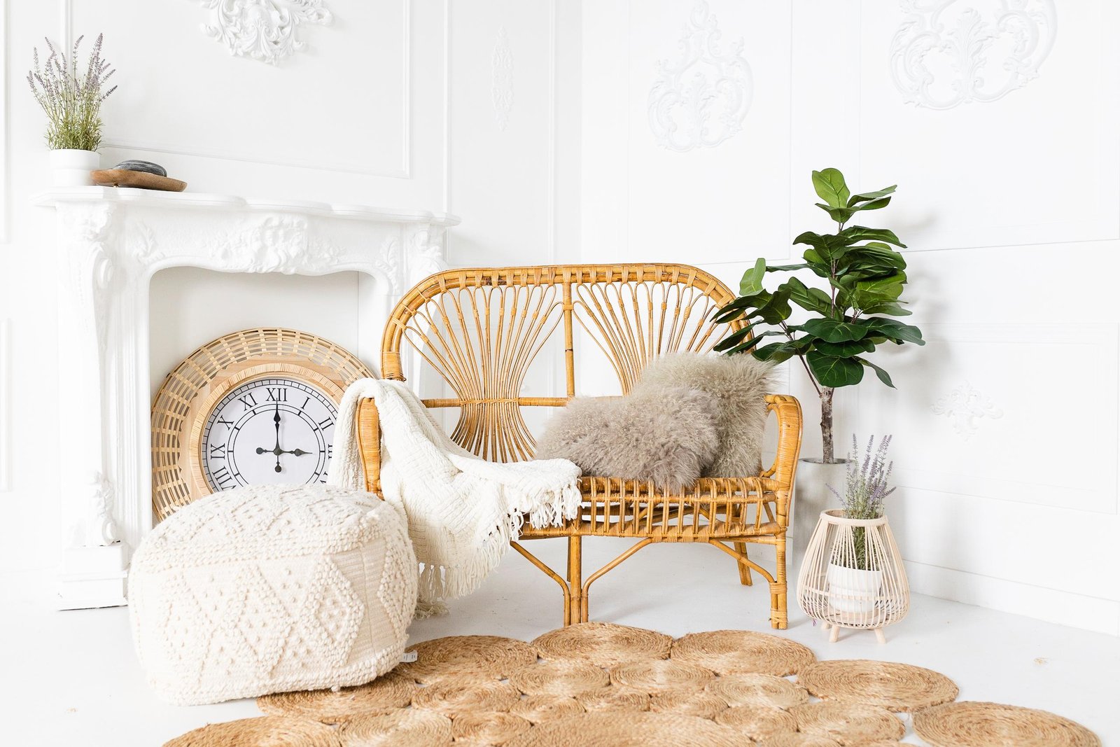 wicker chair, decorative tree, and pouf- photography props